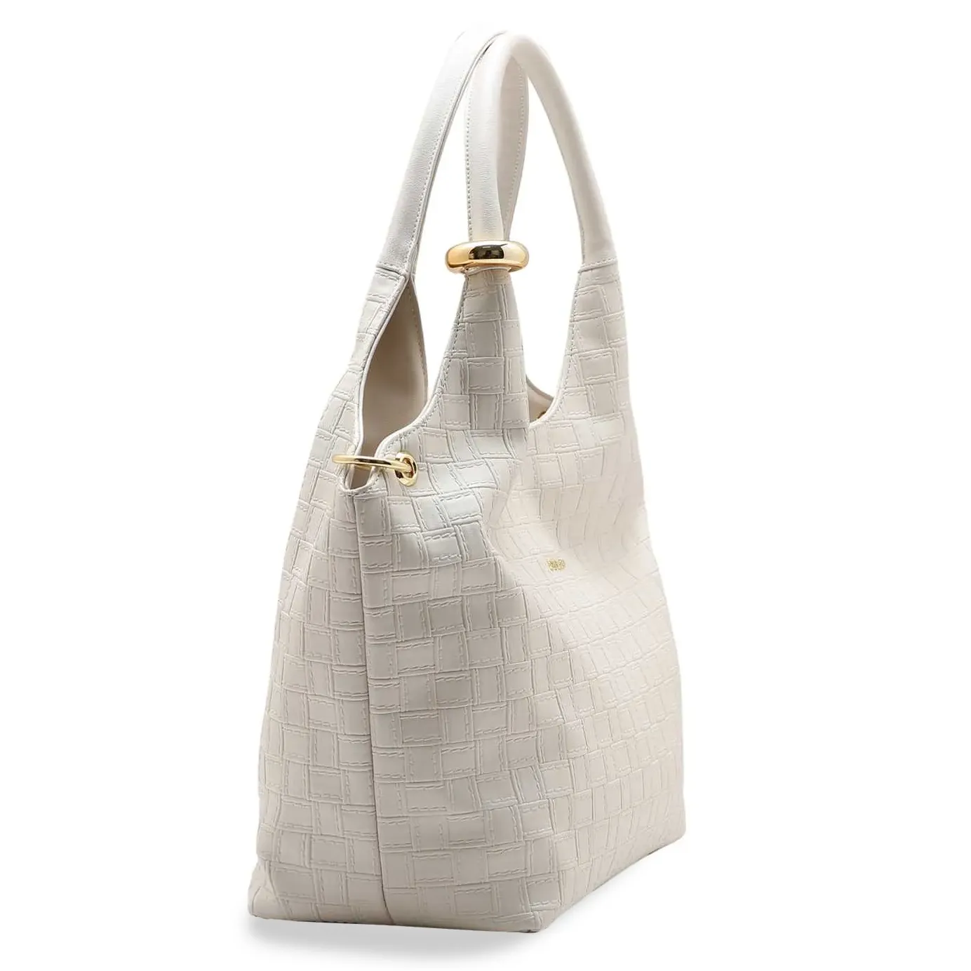 Bolsa Chenson nude vista lateral mostrando formato estruturado e alças com detalhes dourados